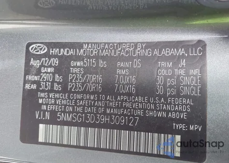 2009 Hyundai Santa Fe Gls z USA, uszkodzony, nr VIN 5NMSG13D39H309127